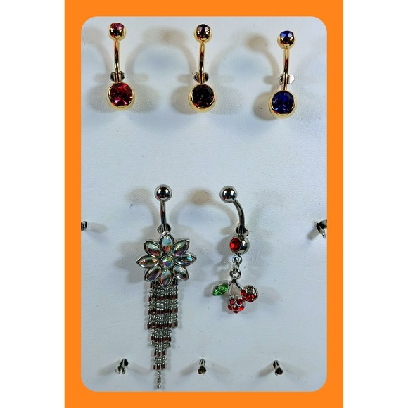 American Vintage Jewelry - Set of 5 Navel Belly Button Rings Gold Silver Tone Floral Cherry Tassel Crystal